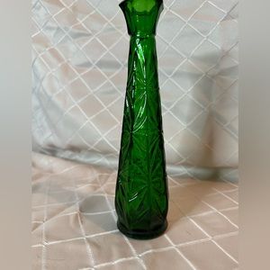 Vintage Green Starburst Glass Vase, 9” tall